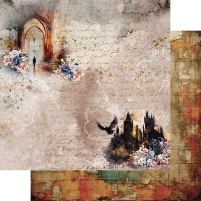 Imagem artística vintage com castelo gótico, flores e texto manuscrito.