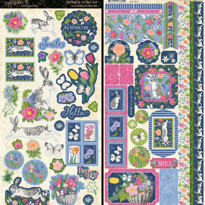 Conjuntos de autocolantes primaveris com coelhos, flores, borboletas e texto decorativo