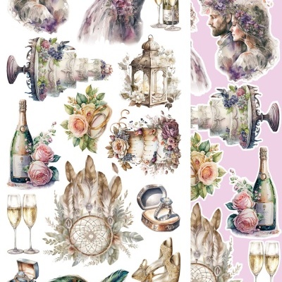 Ilustrações diversas de elementos de casamento em estilo aquarela, como casal, alianças, bolo, champanhe, buquê, anel, sapatilhas e penas.