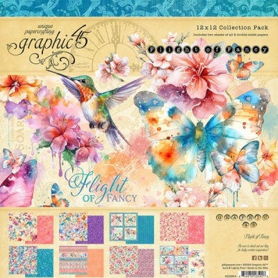 Pacote de papel decorativo com tema de flores, borboletas e beija-flores, texto Flight of Fancy e várias amostras de padrões.