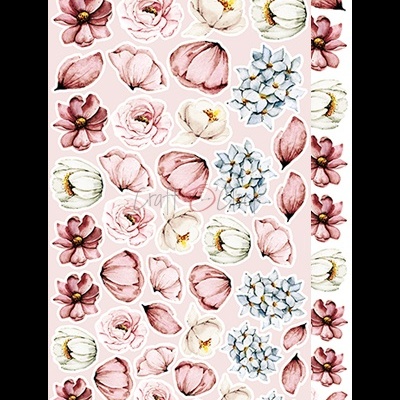 Flores decorativas em tons pastel com várias pétalas e formas