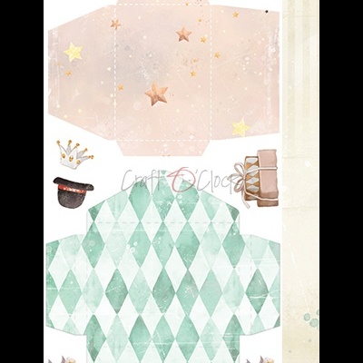 Molde para caixa de papel com padrão verde e rosa e elementos decorativos variados