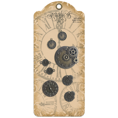 Conjunto de peças decorativas de metal com tema relógios em cartão bege