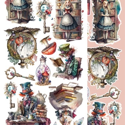 Ilustrações aquarela de Alice no País das Maravilhas com personagens e objetos coloridos