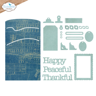 Recortes de papel azul com palavras e formas para artesanato