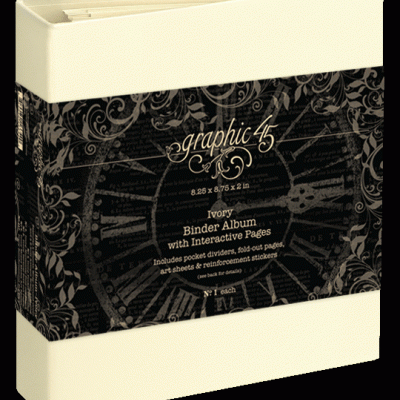 Álbum encadernado marfim com embalagem preta decorada e texto 'graphic 45'