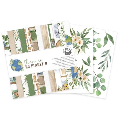Folhas decorativas com estampas de folhas e flores, faixa com texto THERE IS NO PLANET B