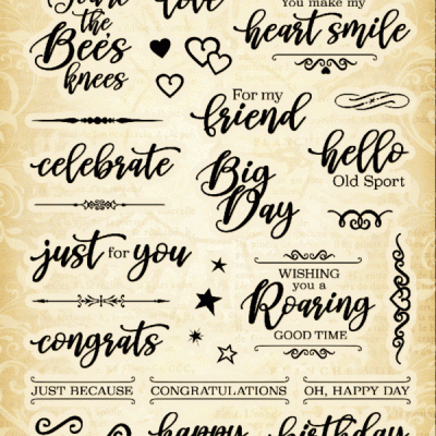 Folha de carimbos com frases motivacionais e decorativas em inglês em preto sobre fundo bege