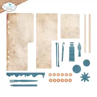 Elementos decorativos para artesanato com papéis envelhecidos, ferramentas de pintura azuis e pequenos ícones laranja