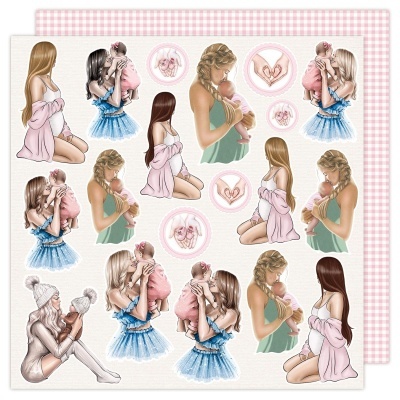 Autocolantes decorativos de mulheres com bebés em tons pastel e padrão de fundo xadrez rosa