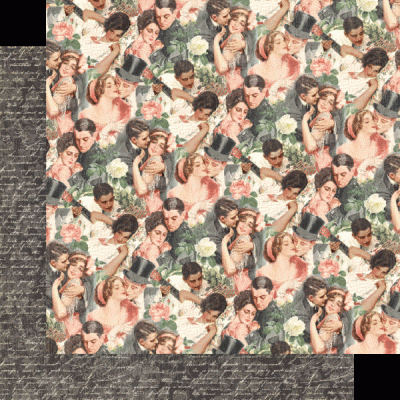 tecido estampado vintage com casais e flores rosa e branca com borda preta e escrita cursiva