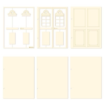 Peças de papel recortado em tom bege claro com molduras e ganchos