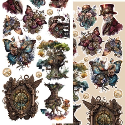 Conjunto de autocolantes steampunk com personagens, borboletas, árvores e relógios decorativos