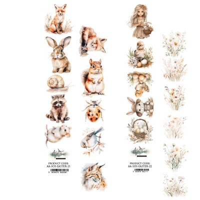 Folhas de adesivos com animais e elementos floridos em tons suaves