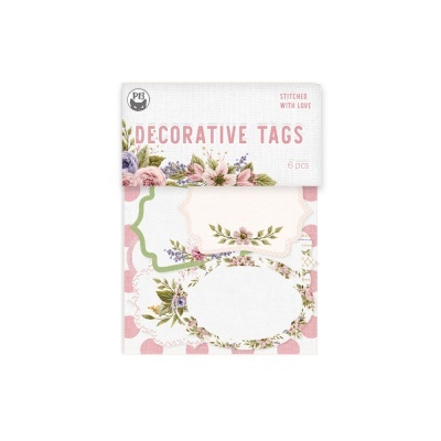 Etiquetas decorativas em cartões florais com padrão rosa e branco e texto DECORATIVE TAGS