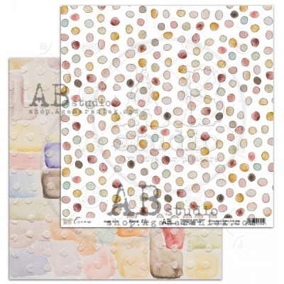 Papel decorativo com bolinhas coloridas e frascos em padrões aquarelados