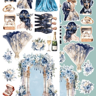 Ilustrações decorativas de casamento com noivos, padrinhos, flores azuis, anéis e taças de champanhe