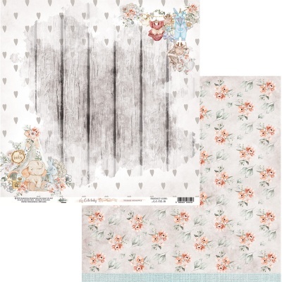 Papel decorativo floral e infantil com efeito madeira cinza e corações