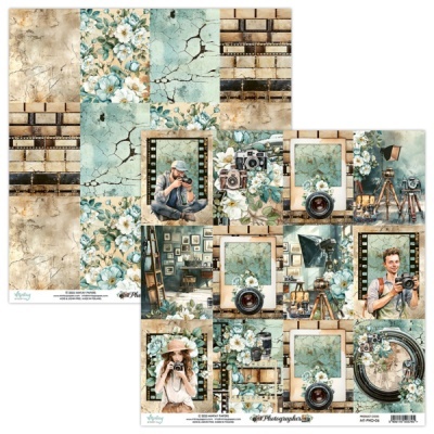 Papel de scrapbook decorativo com design vintage e tema de fotografia