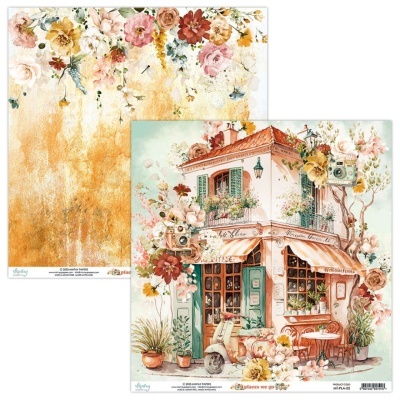 Papel decorativo com casa pitoresca e flores para artesanato