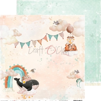 Papel decorativo infantil com baleia, raposa, balões, arco-íris e bandeirinhas em tons pastel