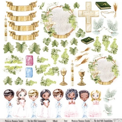 Ilustrações para Primeira Comunhão com crianças e símbolos religiosos sobre fundo branco