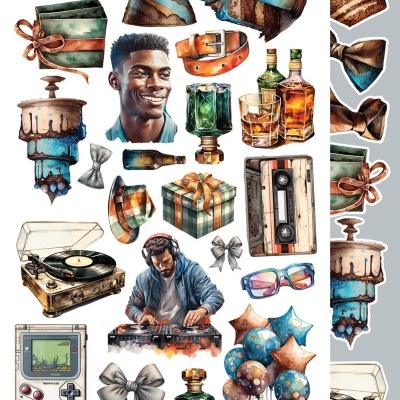 Ilustração de objetos festivos e tecnológicos variados em castanho e azul