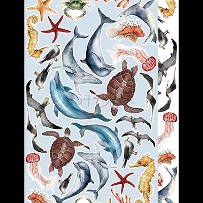 Papel de embrulho com padrão de animais marinhos coloridos sobre fundo branco