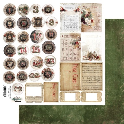 Etiquetas e cartões decorativos vintage de Natal com números e motivos florais.