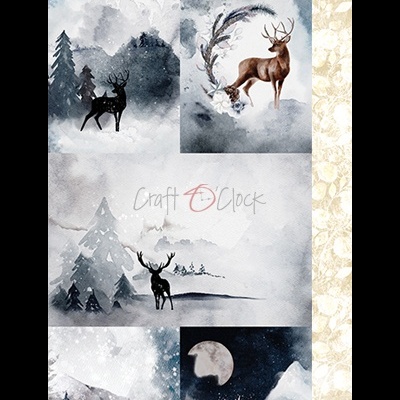 Ilustrações artísticas de cervos, floresta, montanhas, casa e lobo com texto 'Craft O'Clock'.