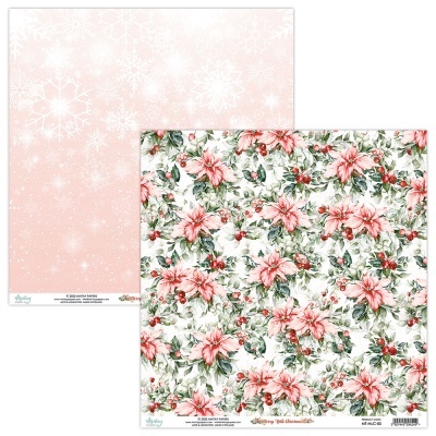 Papel decorativo duplo com flores vermelhas e padrão de flocos de neve rosa