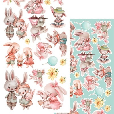 Folhas de autocolantes de coelhos e flores em aquarela