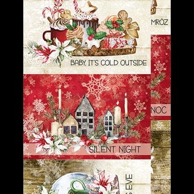 Três decorações natalinas com doces, castiçais e flores em fundo vermelho com padrões de flocos de neve e madeira.