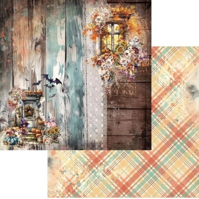 Textura de madeira envelhecida com decoração outonal e padrão xadrez colorido.