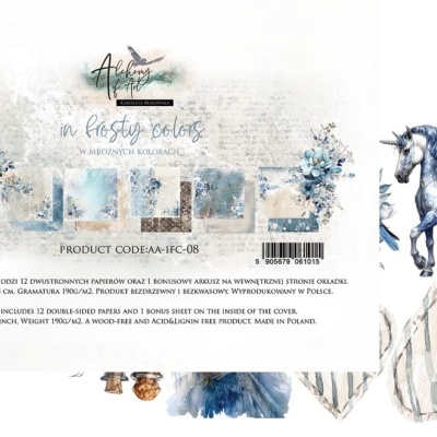 Embalagem decorativa com design floral azul e bege e figura de cavalo