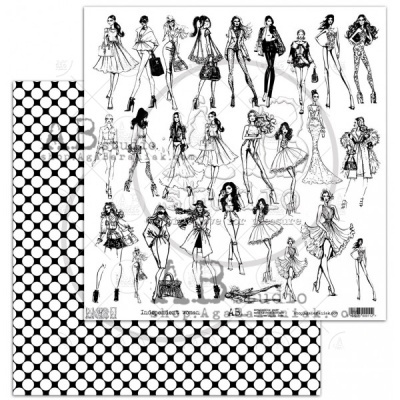 Papel decorativo com desenhos de moda em preto e branco e padrão de bolinhas