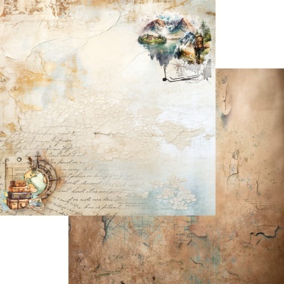 Papéis decorativos vintage com mapas, montanhas, globo e escritos em tons claros e castanhos.