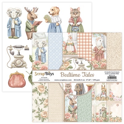 Papéis decorativos ScrapBoys Bedtime Tales com ilustrações de animais vestidos e padrões florais variados