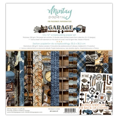 Conjunto de papéis para scrapbook Mintay Papers coleção GARAGE com designs industriais e vintage em azul, castanho e cinzento.