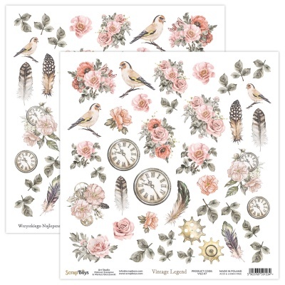 Folhas de papel decorativo vintage com flores, pássaros, penas e relógios