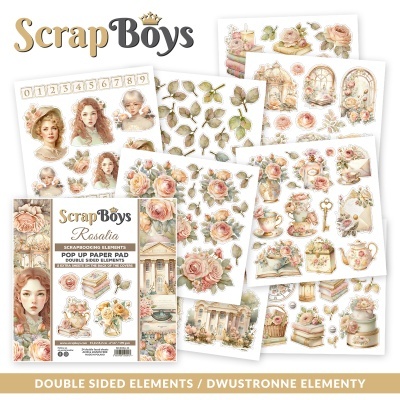 Elementos de scrapbook ScrapBoys Rosalia com ilustrações vintage de flores, rostos femininos, números e objetos em tons pastel.