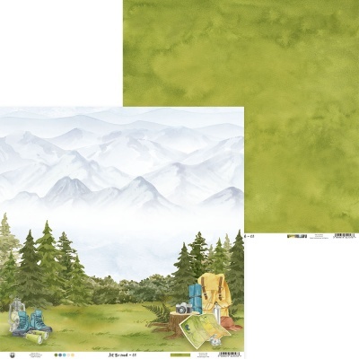 Papel decorativo com paisagem natural e acessórios de campismo, verso verde claro