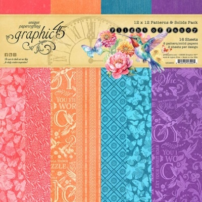 Pacote de papel para scrapbooking com padrões coloridos e motivos florais, texto Flight of Fancy Graphic 45