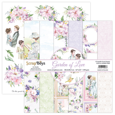 Folhas duplas-face para scrapbooking com tema romântico e floral, e ilustracões de casais