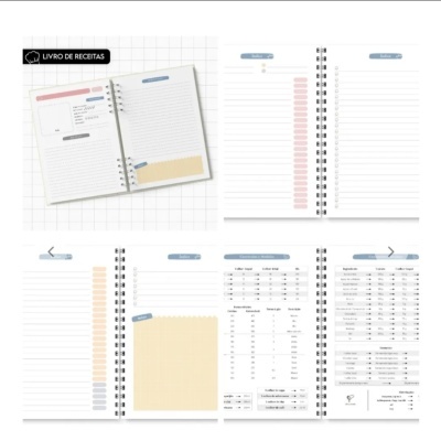 Caderno espiralado para receitas com layout colorido e organizado