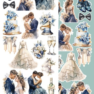 Ilustração de elementos de casamento como vestidos de noiva, noivos, sapatos, bolo, laços, anéis, castiçais e taças