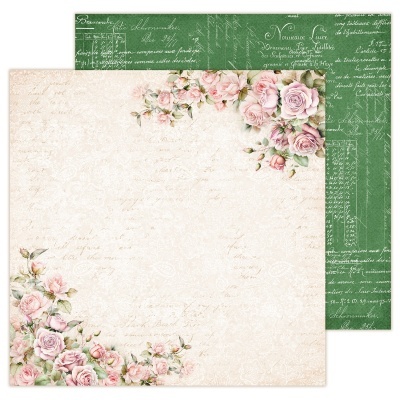 Folha dupla face de scrapbook com flores rosas e texto em francês em fundo verde