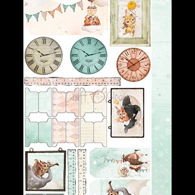 Página com recortáveis de papel com ilustrações de esquilos e relógios para artesanato