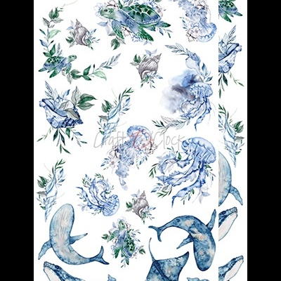 Papel decorativo com ilustrações aquareladas de animais marinhos e flores em tons azul e verde