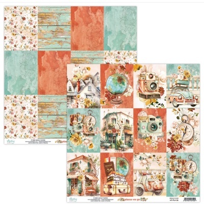 Papel de scrapbook com flores, texturas azuis e laranja, casas, câmaras vintage, relógios e carros